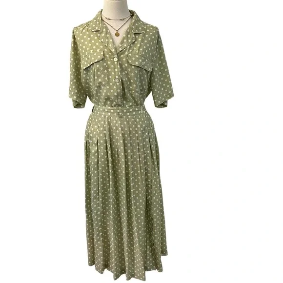 Vintage Rayon Skirt Set Polka Dot Sage Midi Tea Dress Cottagecore 12 - Picture 1 of 10